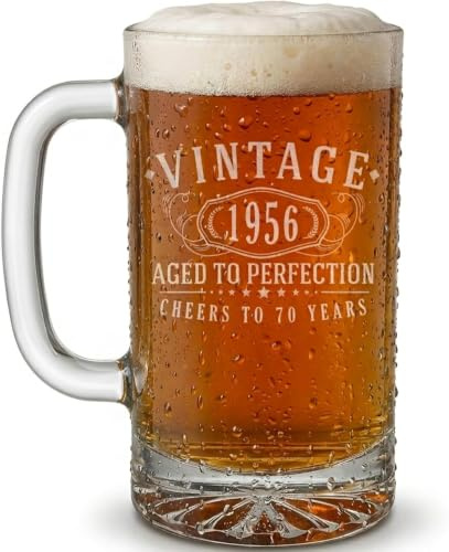 Spotted Dog Company Vintage 1956 Etched 16oz Glass Beer Mug Stein – Happy 70th Birthday Gifts for Men Women, Cheers to Turning 70 Year Old Decorations Decor, 70th Bday Party Favors Supplies, 1.0
