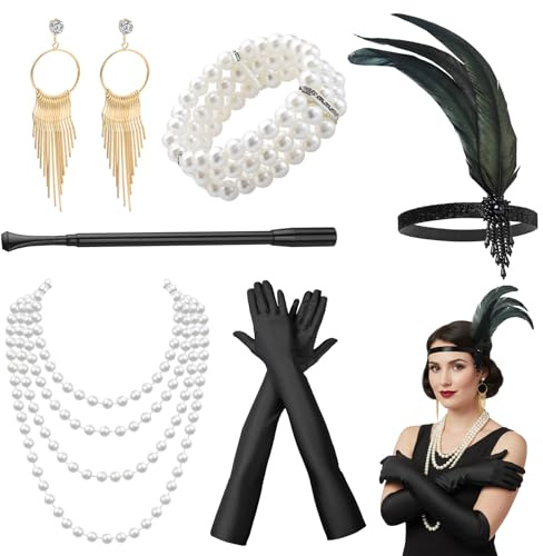 6 Teiliges 20er Jahre Kostüm Damen, Charleston Accessoires Damen, 1920er Accessoires Damen,20er Jahre KostüM Damen, 20er Jahre Kleid, Vintage Set mit Federboa Schwarz, Inklusive Schmuck und Zubehör