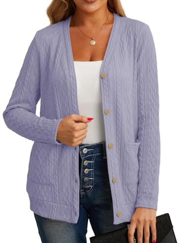 GRECERELLE Womens Cardigan Long Sleeve Lightweight Cardigans Button Down V Neck Ribbed Knit Outerwear Open Front Tops with Pocket for Ladies