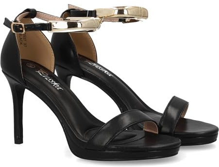 shoes&blues.es Sandalia de Tacon para Mujer con Diseno Elegante, para Ocasiones Especiales y Eventos destacados. Tira Ancha en el Tobillo Metalizada, Cierre de Hebilla y Tacon Alto de Aguja.