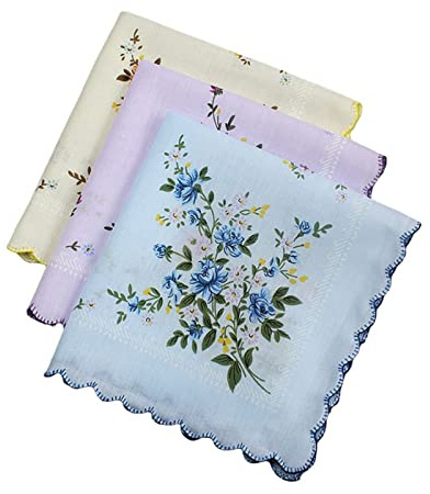 Beimus 3 st vintage bomullsficknäsdukar näsdukar i bomull, blommigt tryck, bomull, näsdukar för kvinnor, klubb, möte, näsdukar för kvinnor, broderi, mjuk, E, one size