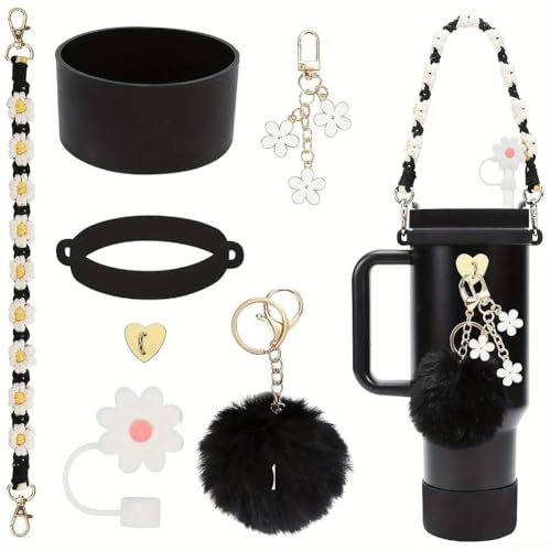 Qualoramall 7 PCS Accesorios de silicona para portavasos con colgante de bola de lana y correa de encanto de flores para vaso de botella de agua de 40 onzas y 30 onzas (negro)