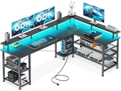 ODK Escritorio Gaming en L con LED, 168x120cm, Fibra Carbono Negro