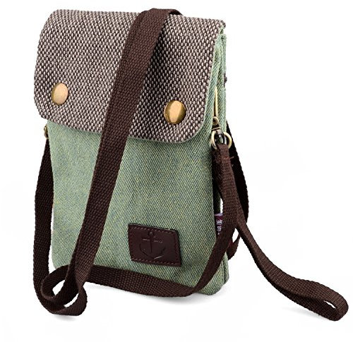 Handy Umhängetasche, Katloo Canvas Universal Handytasche zum Umhängen Geldbörse Kleine Tasche für Frauen Mädchen Kinder iPhone Samsung Galaxy Huawei Sony Wiko + Schlüsselanhänger (Grün)