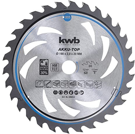 kwb Kreissägeblatt 190 x 20 mm, leichtgängig, speziell für Akkumaschinen, Sägeblatt geeignet für Weich- und Hartholz, Tischlerplatten und Spanplatten