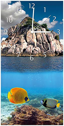 Wallario Design-Wanduhr Exotische Fische im Meer aus Glas, Motiv-Uhr Größe 30 x 60 cm, weiße Zeiger