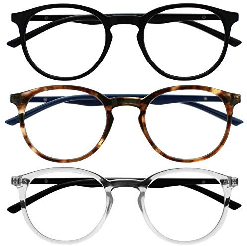 OPULIZE MET Blaulichtfilter Lesebrille für Damen Herren - 3er-Pack - Runder Brille - Blendfreie UV400-Schutz - Federscharniere - Anti-Müdigkeit - Schwarz Braun Schildpatt Klar +1.50