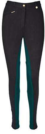 Avon Equine Pantaloni da equitazione da donna in cotone/lycra con tasca frontale, morbidi ed elastici, bicolore, pantaloni da equitazione, nero/foglia di tè., 56