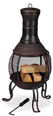 Relaxdays Aztekenofen, Schürhaken, Holzrost, Funkenschutzgitter, Garten, Terrasse, Antik Terrassenofen, Höhe 89 cm, Gold, 89 x 45 x 45 cm