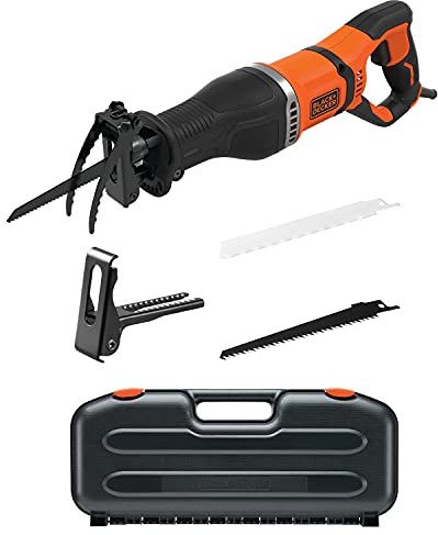 BLACK+DECKER Scie Sabre - 750W - Vitesse Variable - 2800 crs/min - Profondeur de Tête Ajustable - Changement de Lame Sans Outil - Coffret avec 1 Support de Branches Amovibles et 2 Lames - BES301K-QS