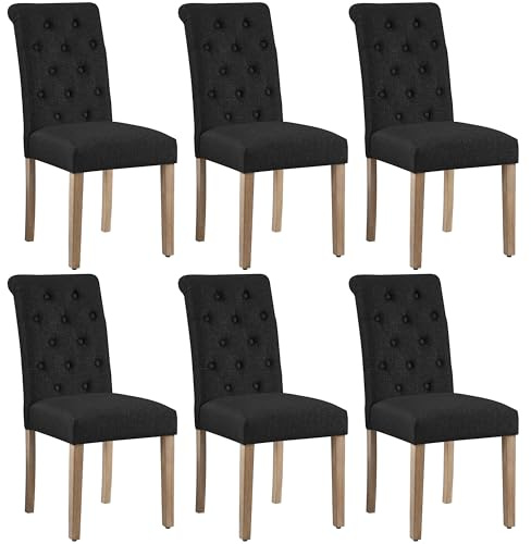 Yaheetech Esszimmerstühle 6X Küchenstuhl Beine aus Massivholz, Schwarz | Polsterstuhl mit hoher Rückenlehne, Gepolsterte Sitzfläche aus Leinen, für Esszimmer/Wohnzimmer/Küche
