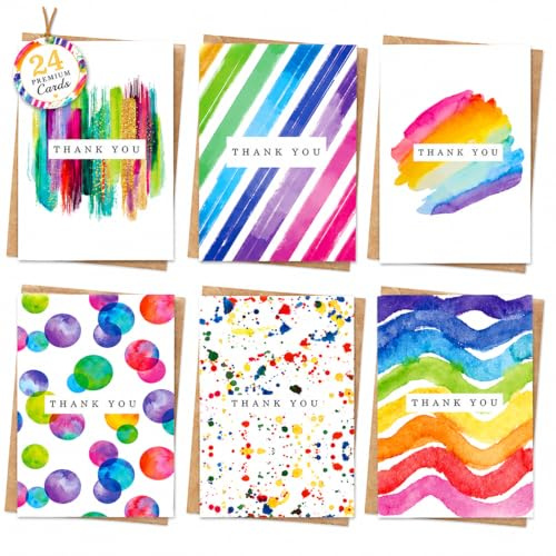 Giftinghouse Thank you Cards Multipack of 24 with Envelopes. 6 Watercolour designs. 10 x 15cm. Blank Inside for Teachers, Weddings, Kids. Made in the UK.