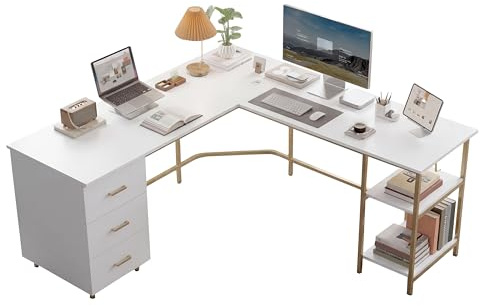 Techni Mobili L Shaped Desk - Two-Toned Computer Desk with Drawers & Storage Shelves - Simple Modern Furniture & Home Office Space Corner Table for Work & Writing