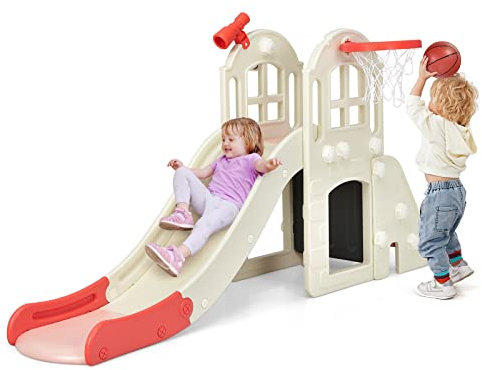 GOPLUS 6 in 1 Kinderrutsche mit Basketballkorb, Multifunktionale Babyrutsche mit 140cm Rutschbahn, Ringwurfspiel, Tunnel & Fernglas, Gartenrutsche aus HDPE mit Abnehmbarem Pedal für 3-8 Jahre (Rosa)