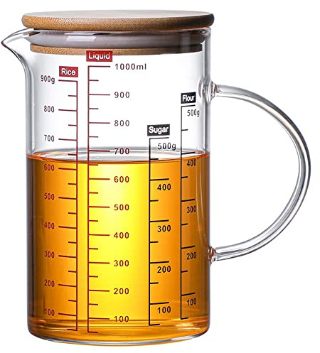 TAMUME Misurino in Vetro con Coperchio, Caraffa Graduata con Scala Multipla (1000ml)