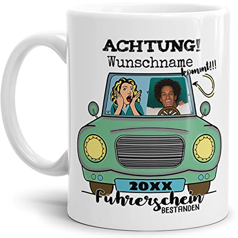 Tassendruck Fototasse selbst gestalten mit Name, Jahr und Foto - Personalisierte Foto-Geschenke zur bestandenen Führerscheinprüfung | Personalisiertes Geschenk, 300ml, Weiß