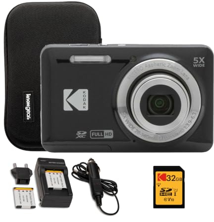 Kodak PIXPRO Friendly Zoom FZ55 Digital Camera (Black) Bundle with 32GB SD Card, Camera Case, and Battery Travel Charger (4 Items)