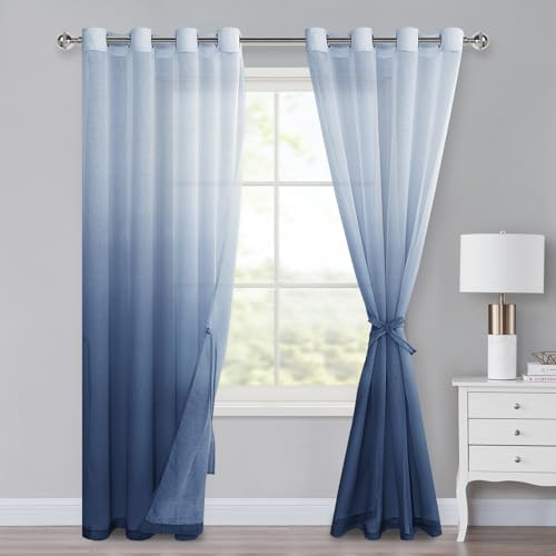 XWZO - Tende in voile effetto sfumato, set da 2 per camera da letto e soggiorno - Tende a scorrimento con nastri ferma-tenda - 225 x 140 cm (altezza x larghezza), colore: blu denim