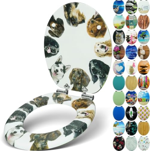 Sanfino® Premium Abattant WC en bois avec frein de chute, qualité supérieure, nombreux motifs colorés, confortable, installation facile, notice de montage incluse – Dog Circle