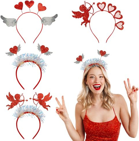 MONCAP 4STK Pailletten Herz Haarreif Hochzeit Herz Stirnband Rotes Herz Haarband Amor Kopfschmuck Junggesellenabschied Haarreif für Erwachsene Kinder Valentinstag Hochzeit JGA Party Geschenk