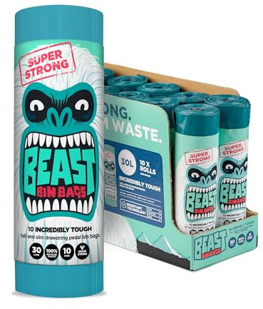 BEAST BIN BAGS, 10 Rolls of 10 x 30 Litre Bags (Total 100 Bags) - Made From 100% Recycled LLDPE - Incredibly Strong, Tall and Slim Drawstring Pedal Blue Bin Bags