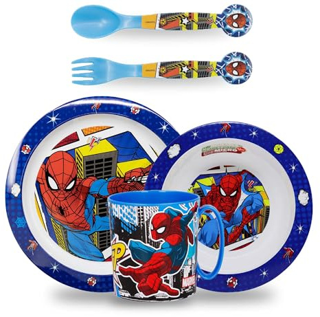 Sorrisini Vajilla Infantil Reutilizable Apta Para Microondas, Juego de Platos Irrompibles de Plástico para Niños, Set Plato, Cuenco Para Cereal, Cubiertos y Taza 390ml, Spiderman