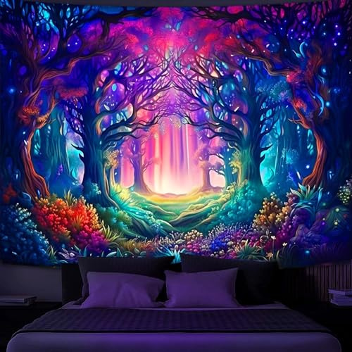 Simpkeely Schwarzlicht Fantasy-Wald Wandteppich, UV-reaktiver Magischer Baum Natur Leuchtender Wandbehang für Schlafzimmer, Wohnzimmer - 180 x 230 cm