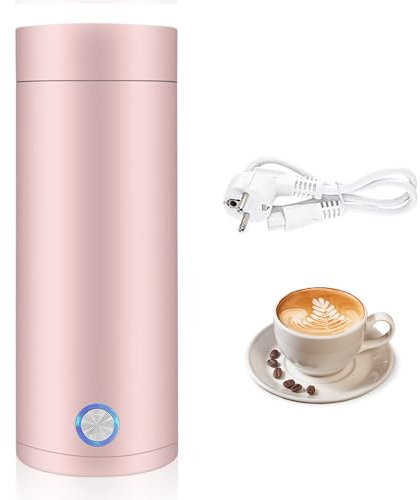 Aoreun Bollitore Elettrico Portatile, 400ml Bollitore da viaggio, 3 in 1 Mini Thermos con Funzione Chiusura Automatica, 5 Minuti di Ebollizione Rapida,Mini Bollitore da Viaggio per Tè Latte Caffè-Rosa