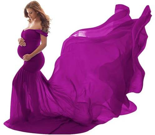 Nogkdyc Umstandskleid Mutterschaftskleid Photoshoot Von Schulter Chiffon Tüll Lange Schwangere Kleidung Festliche Hochzeit Elegante Abendkleider Mutterschaftskleidung