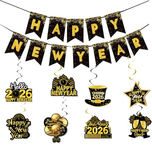 ParPix Spiral Girlande Silvester Deko 2026 Party Set, Happy New Year Deko 2026,Silvester Deko Hängend Spirale+Happy New Year Banner,Neujahr Dekoration,Neues Jahr Deko Spiralen,Neujahrsdeko Hängedeko