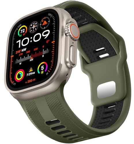 Dirrelo Rem kompatibel med Apple Watch Ultra 2 49 mm 46 mm 45 mm 44 mm 42 mm 26 mm brett tvåfärgat mjukt sportband i silikon för iWatch SE Ultra 2 Series 1–10, grön/svart