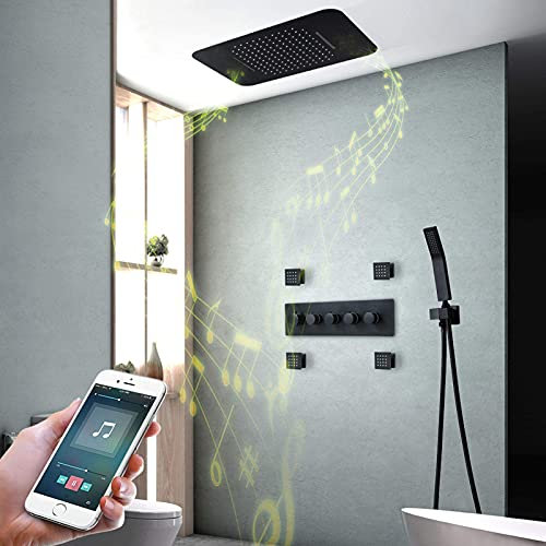 HNVBDOPAE Black Led Shower Faucet Set, Music Rain Shower Set with Waterfall Shower, Handheld Shower, Body Jets, Brass Bathroomtatic Shower System