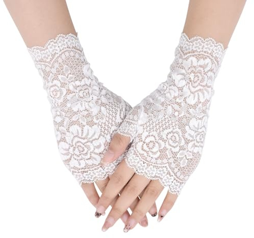 TeeYee Handschuhe Damen Elegant Damen Spitze Fingerlose Mesh Spitzen Handschuhe Spitzenhandschuhe für Hochzeit Braut Knigge Weiß-133FG