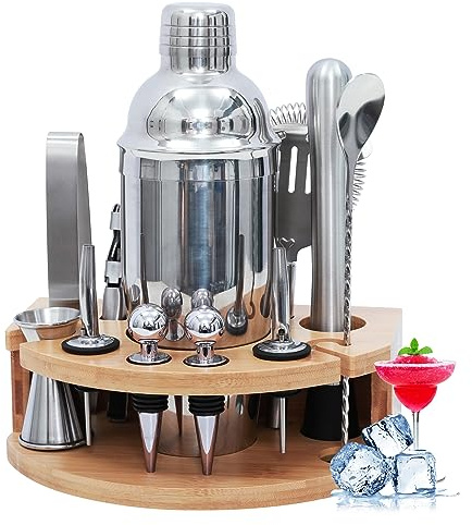 YENTAKE Cocktail Shaker Set 12-teilig Edelstahl 750ml – Profi Barkeeper Set mit Bambusständer & 11 Zubehör | Spülmaschinenfest | Ideal für Hausbar, Partys & Geschenk (Silber)