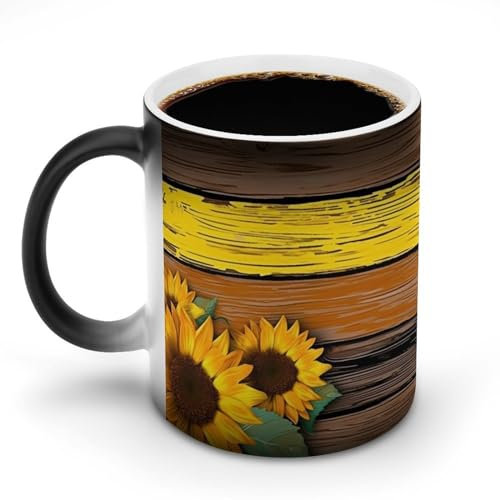 Paint Wooden Board Sunflower Coffee Mugs Funny Color Changing Mug Unique Discoloration Mug Heat Sensitive Cup Fashion Print Ceramic Tea Cup Novelty Gifts for Birthday Men Women