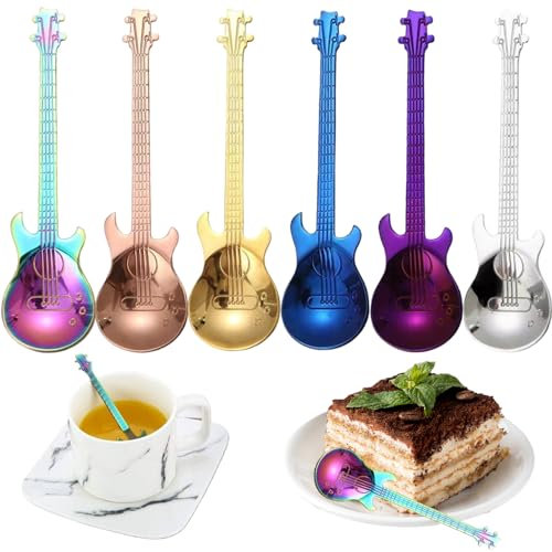 Cuillères de guitare 6 cuillères à café en acier inoxydable de couleur 5 pouces de cuillères de dessert créatives et uniques de lavages faciles pour les cuillères mignonnes pour la maison, le café