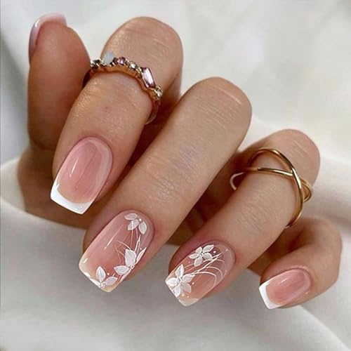GlamRays Pink Press on Nails Kurze Square White French Tip Nails Press ons Weiße Blumen Falsche Nägel mit süßem Design Mittelgroße Fake Nägel Glänzend Aufkleber Nägel 24 Stück