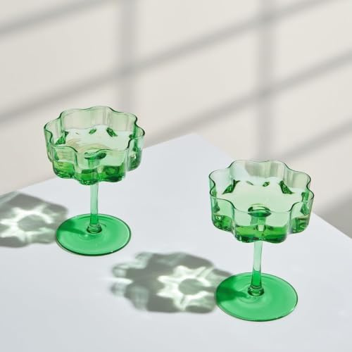 Khen Flower Vintage Wavy Glass Coupes Martini, Champagne & Cocktail Coupes - Set of 2-7oz Colorful Cocktail Glasses & Champagne, Prosecco, Mimosa Glassware Copyright Design - Green