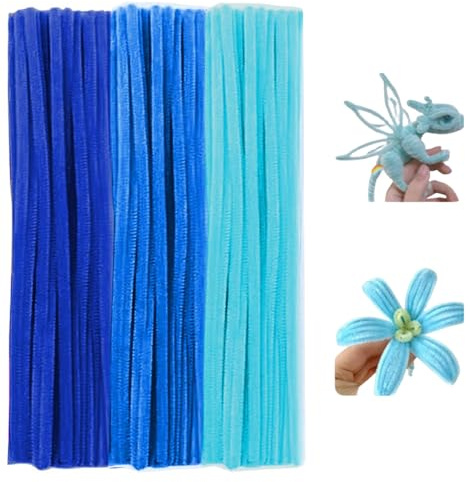 Pfeifenreiniger Blumen Set, 300 Stück Pfeifenputzer zum Basteln - 30 cm Lange Chenilledraht in 3 Farben, Pastell & Candy Farbverlauf für DIY Blumen, Deko, Kunsthandwerk (Blau)