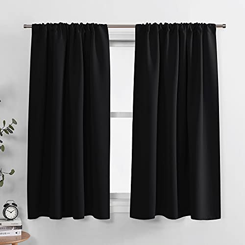 PONY DANCE Black Short Blackout Curtains for Kitchen 45 Inch Long, Thermal Insulated Black Out Curtain for Bedroom, Rod Pocket Drapes for Bathroom Small Window(2 Panels Set, 42 Inches Wide)