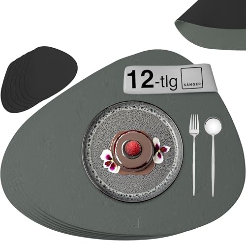 SÄNGER | Untersetzer und Platzsets abwaschbar aus Kunstleder 12 teilig, Platzdeckchen und Tischuntersetzer für 6 Personen-rutschfest doppelseitig wasserdicht -Grau Schwarz 44 * 37 cm