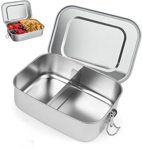 Stainless Steel Lunch Box, Metal Lunch Box with 1pcs Removable Divider, Leakproof Stainless Steel Bento Box with Lock Clip, Leakproof Lunchbox for Adults Children Camping Travel School Work(850ML)