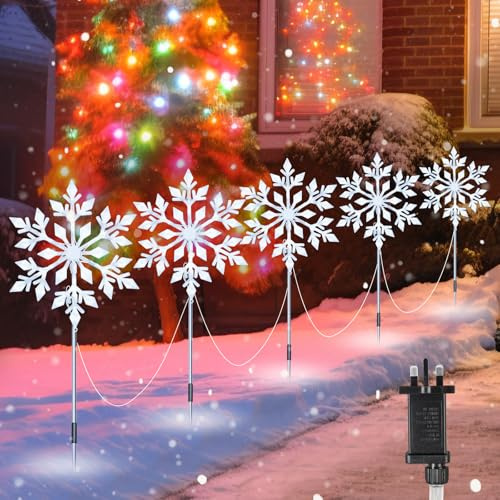 MaxEarn 5 Pack Outside Christmas Snowflake Path Lights, 8 Modes Lighting Waterproof 150LED So Big 30cm Xmas Snowflake Sign Decorations, Cool White Pathway Lights for Xmas Outside Garden, Yard Decor