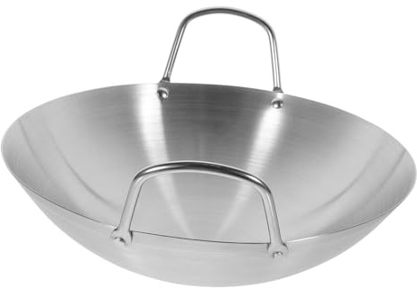 DECOMELODY Wok in Acciaio Inox Fondo Tondo, Argento, per Casa | Uso per Cottura e Barbecue, Distribuzione Uniforme del Calore, Facile da Pulire