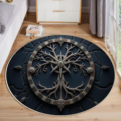JEDTAKCT Alfombras Redondas Bronce 100 Cm Alfombra Salon Antideslizante Alfombras Lavables Brújula De Metal 3D Alfombra Habitacion Dormitorio Comedor Plantas De Fantasía Tapete Pelo Corto