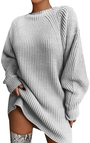 YCBMINGCAN Robe pull pour femme en tricot oversized à manches longues | Pull long décontracté en gros tricot avec col rond | Chaud mini robe en tricot pour l'automne et l'hiver | Pull basique, gris