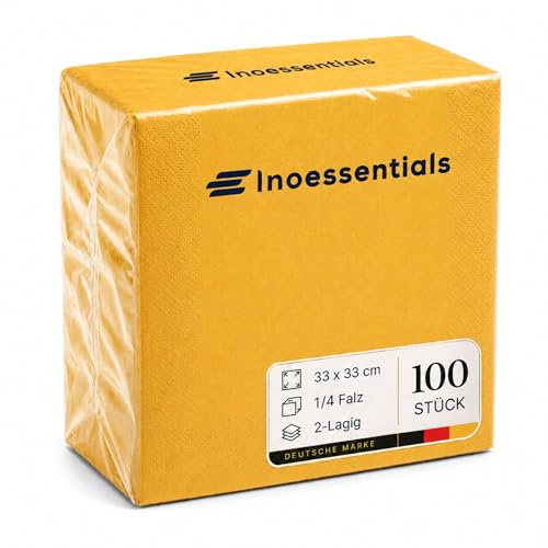 Inoverse 100 Stück Servietten 2-lagig 1/4-Falz 33 x 33 cm, Gelb – Einfarbig Papierservietten Einweg für Hochzeit, Party & Gastro, Dekorative Tischservietten