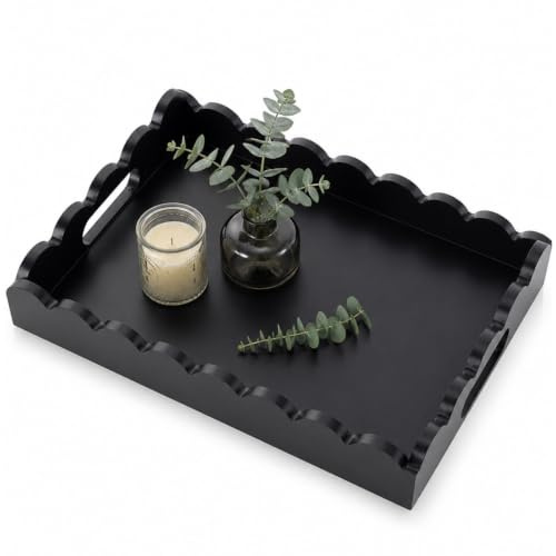 Hanobe Deko Tablett Groß Modern Schwarz mit Griff für Wohnzimmer | 40x30cm Dekotablett Holz mit Wellenrand für Couchtisch, Rechteckig Holztablett, Wavy Design Serviertablett für Küche