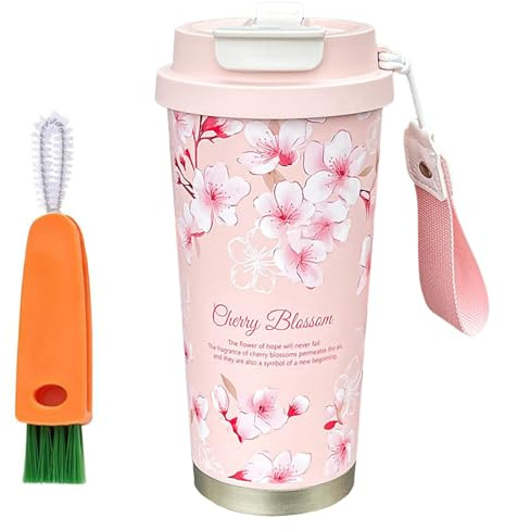 Tasse à café isotherme réutilisable, 500ml Tasses de voyage à fleurs, Tasse isotherme avec couvercle étanche, avec brosse de nettoyage pour carottes, Mug isotherme en acier inoxydable 316 (Rose)
