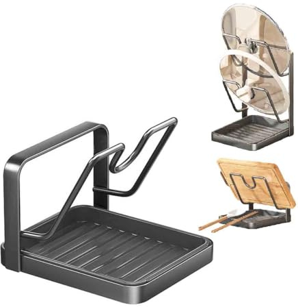 Organizer per coperchio e poggiamestolo,Porta Coperchi Pentole,Riposo per utensili da cucina con gocciolatoio,Poggia Mestolo Cucina,Supporto per taglieri e Cucchiaio da Cucina (Grigio-B)